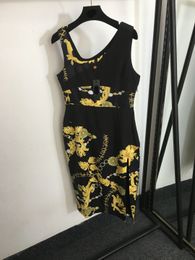 Summer Print Vintage Dress Women Runway Fashion Sleeveless Casual Tank Dress Black V Neck Slim Knee Length Dress Vestidos Female Clothes