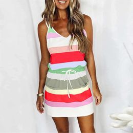 Casual Dresses Fashion Summer Women Strap Dress 2024 Sexy Sleeveless V Neck Stripes Printed Woman Pockets Drawstring Sundress