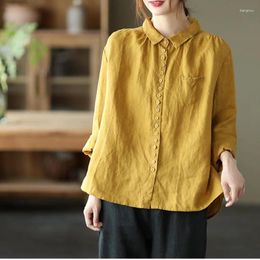 Women's Blouses Cotton And Linen Embroidery Lapel Long Sleeve Shirt 2024 Spring Summer Korean Literary Retro Temperament Loose P