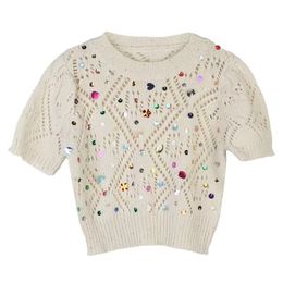 Sparkly Short Sleeve Sweater with Hollow Out Design for Women, Designer New Summer Knitwear