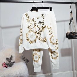 Women's Two Piece Pants Knitted Tracksuit Women Set Handwork Gold Leaf Sequins Embroidery Sweater 2pcs Loose White Black Knitting Outfits