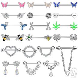 2pcs Cute Nipple Piercings Barbell Stainless Steel Crystal Shield Cover Heart Flower Rings Jewellery Body 16mm16mm 240407