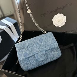 20cm Womens Blue Denim Camellia Classic Mini Flap Square Quilted Shoulder Bags With Heart Bead Silver Chain Crossbody Handbags With Zipper Pouch Purse 20CM