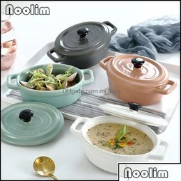 Bowls Bowls Nordic Ceramic Matte Binaural Salad Dessert Bowl With Lid Porcelain Birds Nest Oven Waterproof Stewing Pot Tableware Drop Dhumo