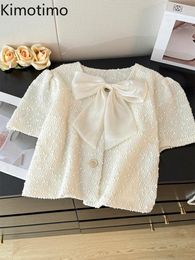 Women's Blouses Kimotimo Bow Puff Sleeve Short Shirt Women French Sweet Slim Sequins Tweed Tops Mujer Summer Fashion Solid All Match Blouse