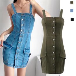 Casual Dresses INS Fashion All-Matching Slim Fit Slimming High Waist Single-Breasted Tooling Style Pocket Strap Dress Short Skirt