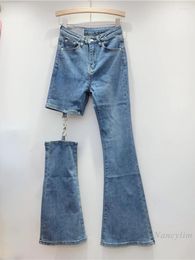 Women's Jeans 2024 Fall Clothing Ripped Hollow Girl High Street Bell-Bottom Pants Stretch Skinny