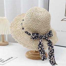 Wide Brim Hats Women Summer Beach Straw Hat Foldable Sun Visor Crochet Bucket UV Protection Bowknot