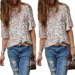 Men's Casual Shirts Women Ladies Sequin Short Sleeve Fashion Casual Sparkly Tops Glitter Evening Party Tops Shirt YQ240417