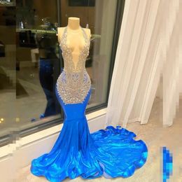 Sexy Blue Prom Dresses For Black Girls 2024 Rhinestone Birthday Party Outfit Halter See Through Sequin Backless Robes De Soiree