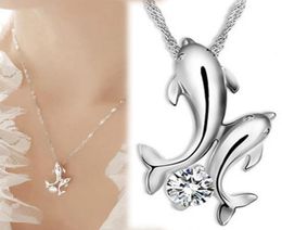 Pendant Necklaces Cute Dolphin necklace 925 Silver Double Dolphin Rhinestone Short Chain Pendant Necklace Women Fashion Jewellery Pi2334583
