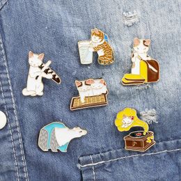 Cat gramophone cut toast drink beverage personality brooch ornament creative special new trend lapels jeans pins