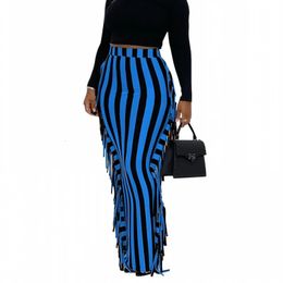 Slim Sexy Ladies Long Skirt Striped Fringe Bag Hip Tight Pencil Skirt Autumn And Winter Casual African Womens Clothing 240412