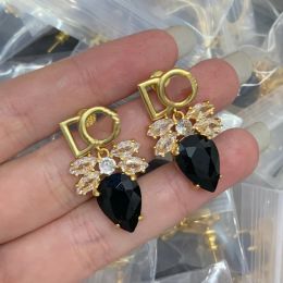 Chandelier Gold Letter Crystal With Black Gem pendant Earrings Metal Alphabet Embed Zirconia Women's Ear Studs Earring Hoop & Huggie Banquet