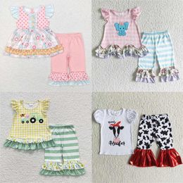 Clothing Sets RTS Spring Children Girls Easter Wear Outfits Cross Print Shirt Half Sleeve Bow Flare Kids Clothes Leopard Bell Bottom