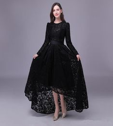 Black Lace Evening Dresses 2020 Long Sleeves Evening Gown Jewel Neck High Low Prom Dress Vestido9714290