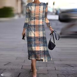 Casual Dresses 2024 Women Fashion O-Neck Commute Slim Maxi Dress Female Chic Plaid A-Line Party Full Winter Vintage Print Lady