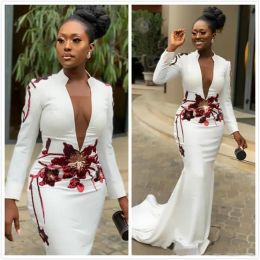 White Mermaid Evening Dresses 2024 with Long Sleeves Sexy Deep V Neck Satin Illusion Embroidery Custom Made Sweep Train Prom Party Gown vestidos