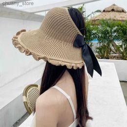 Visors Sun Hat Summer Hats For Women Big Wide Brim Empty Top Sunscreen Weaving Ruffle Edge Bow Sunhat Beach Hat Cap Y240417