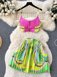 Summer Holiday Baroque Two Piece Set Women Short Spaghetti Strap Simple Metal Crop Top Chain Print Mini Pleated Skirts Suit 240411