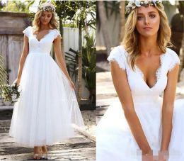 2024 Vintage Lace Tulle A Line Wedding Dresses Sexy Deep V Neck Ankle Length Short Capped Sleeves Custom Made Plus Size Wedding Bridal Gown