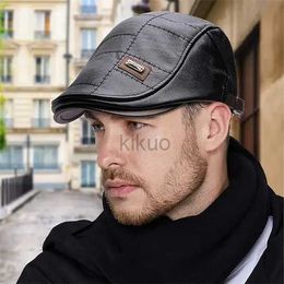 Berets Mens First Layer Cowhide Leather Hat Winter Berets Male Warm Ear Protection Cap Genuine Leather Dad Hat Wholesale Leisure d240417