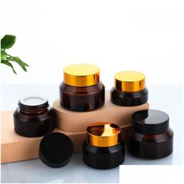 Cosmetic Jar Wholesale 15G 30G 50G Amber Glass Jars Empty Container Bottle With White Inner Liners And Black Gold Lids Drop Delivery O Dhrue