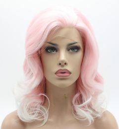 Iwona Hair Wavy Shoulder Length Pink Root White Ombre Wig 193100B1001 Half Hand Tied Heat Resistant Synthetic Lace Front Wig3931555