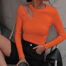 2022 New Irregular Hollow Long Sleeved T-shirt Women's Round Neck Solid Colour Slim Fit Bottom Top F41717