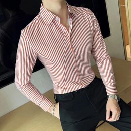 Men's Dress Shirts Men Shirt Formal Classic Striped Long Sleeve Slim-fit Business Non Iron Red Camisa Korean Style 4XL Plus