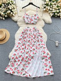 Work Dresses SINGREINY Women Sweet Floral Print Suit Strap Sleeveless Zipper Top Pleated Long Skirt French Romantic Vacation Two Pieces