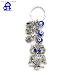 Keychains Lanyards Lucky Eye Alloy Owl Tassel Keychain Blue Turkish Evil Eye Bead Key Chain Holder Bag Car Keyring llavero porte cl Y240417