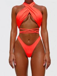 Women's Swimwear Sexy Bandage Bikini 2024 Women Neon Silver Gradient Push Up Criss Cross Bikinis Bathing Suit Beach Wear Swimming Suits