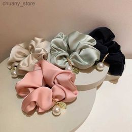 Hair Rubber Bands Pearl High-grade Satin Elastic Hair Bands for Girls Elegant France Solid Color Silk Pearl Pendant Hair Ties Head Ropes Y240417