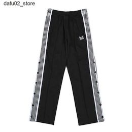 Men's Pants Needles Arrived in Black 1 1 Trousers Butterfly Embroidered Ribbon Trajectory Stripe Buckle Design Pants Mens Extra Large Sports Pants Q240417