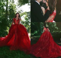 2019 Fairy Red Evening Dresses V Neck Short Sleeves Overskirts Train Sheer Applique See Through Party Mermaid Prom Gowns1237797