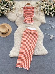 Work Dresses SINGREINY Beach Style Holiday Suits O Neck Sleeveless Sexy Top High Waist Bodycon Skirt Women OL Stripe Knitted Two Pieces Sets