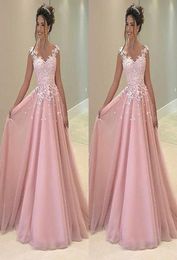 Cheap Baby Pink 2021 Prom Dresses Appliques Lace A Line Tulle Long Dresses Party Evening Formal Cocktail Party Dress7309905