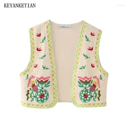 Women's Vests KEYANKETIAN 2024 Launch Ethnic Style Floral Embroidery Vest Women Holiday Wind Slim Thin Waistcoat Sleeveless Crop Top Coat