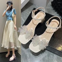 Dress Shoes Outdoor Transparent With Medium Heels Beige Ladies Footwear One Word Diamond Buckles High Summer 2024 Thick Heel Bow H Vip