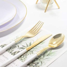 Disposable Dinnerware 30 Guests Gold Plastic Plates With Silverware Cutlery White Handle White&Gold