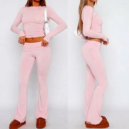 Women's Two Piece Pants Sexy Yoga Flare Crop Top Set Autumn Casual Slim Fit 2 Suit Fitting Wide Leg Pant