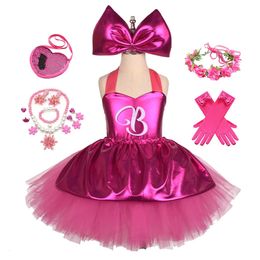 Princess Girls Rosy Knee Length Barbi Tutu Dresses for Girl Birthday Party Halloween Christmas Costumes Margot Robbie Cosplay 240416