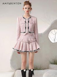 Work Dresses Preppy Style Pink Tweed Skirt Sets Elegant Graceful Bow Single-Breasted Coat High Waist Slim Pleated Two-Piece Womens