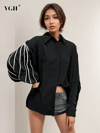 Women's Blouses VGH Hit Colour Minimalist Loose For Women Lapel Lantern Sleeve Spliced Button Temperament Shirts Female Fashion Clothing