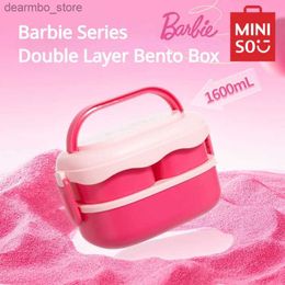 Bento Boxes MINISO Barbie Series Lunch Box Bento Kawaii Girl Double-layer Stackable Insulation Convenient Heart Anime Lunchbox Birthday Gift L49