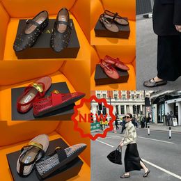 2024 With Box Designer Sandal ballet slipper slider flat dressing shoes Women round toe Rhinestone Boat shoes leather riveted buckle shoes size 35-40 GAI black