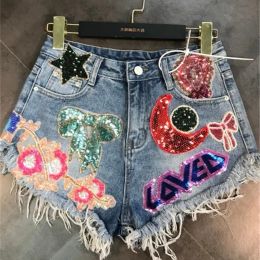 Shorts Women's Shorts DEAT 2023 Arrivals Moon Stars Sequins Embroidery Tassel Patch Raw Denim Female Fashion Temperament Women ME670 2303