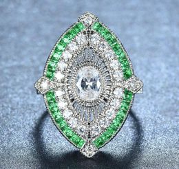Female Male Antique 925 Silver Big Wide Rings For Women Men Green Stone White Zircon Wedding Bands Turkish Jewellery Emerald Ring9596214