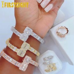 Iced Out Bling Opened Square Zircon Charm Bracelet Gold Silver Colour Baguette AAA CZ Bangle For Men Women Hiphop Jewellery 220215284N